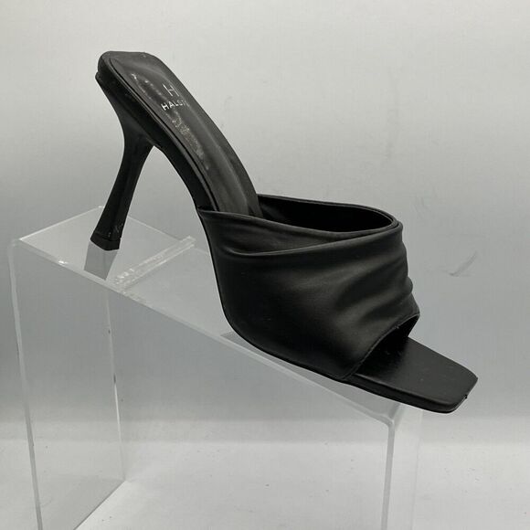 H Halston Luandas Black Heels 8.5 Medium Vegan Leather Open Square Toe Slide - Picture 1 of 10